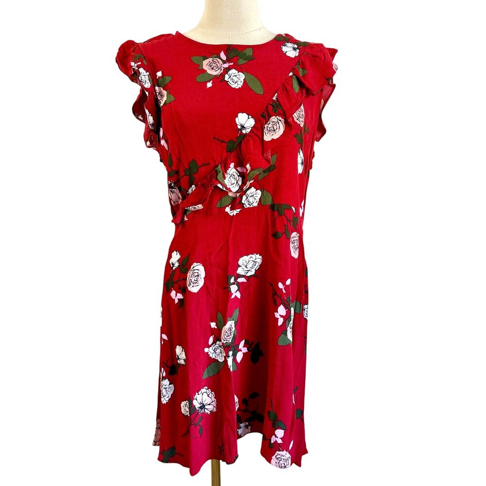 Miss Selfridge Romantic Red Black White Ruffle Sleeve Crepe Floral Midi Dress 12